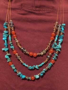 Triple-Strand Turquoise Chip and Orange Bead Necklace with Gold Accents